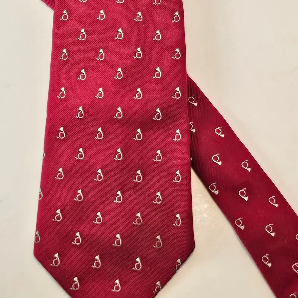Mens Red Silk Necktie White French Horn Micro Pattern Classic Tie 58” 3.75”